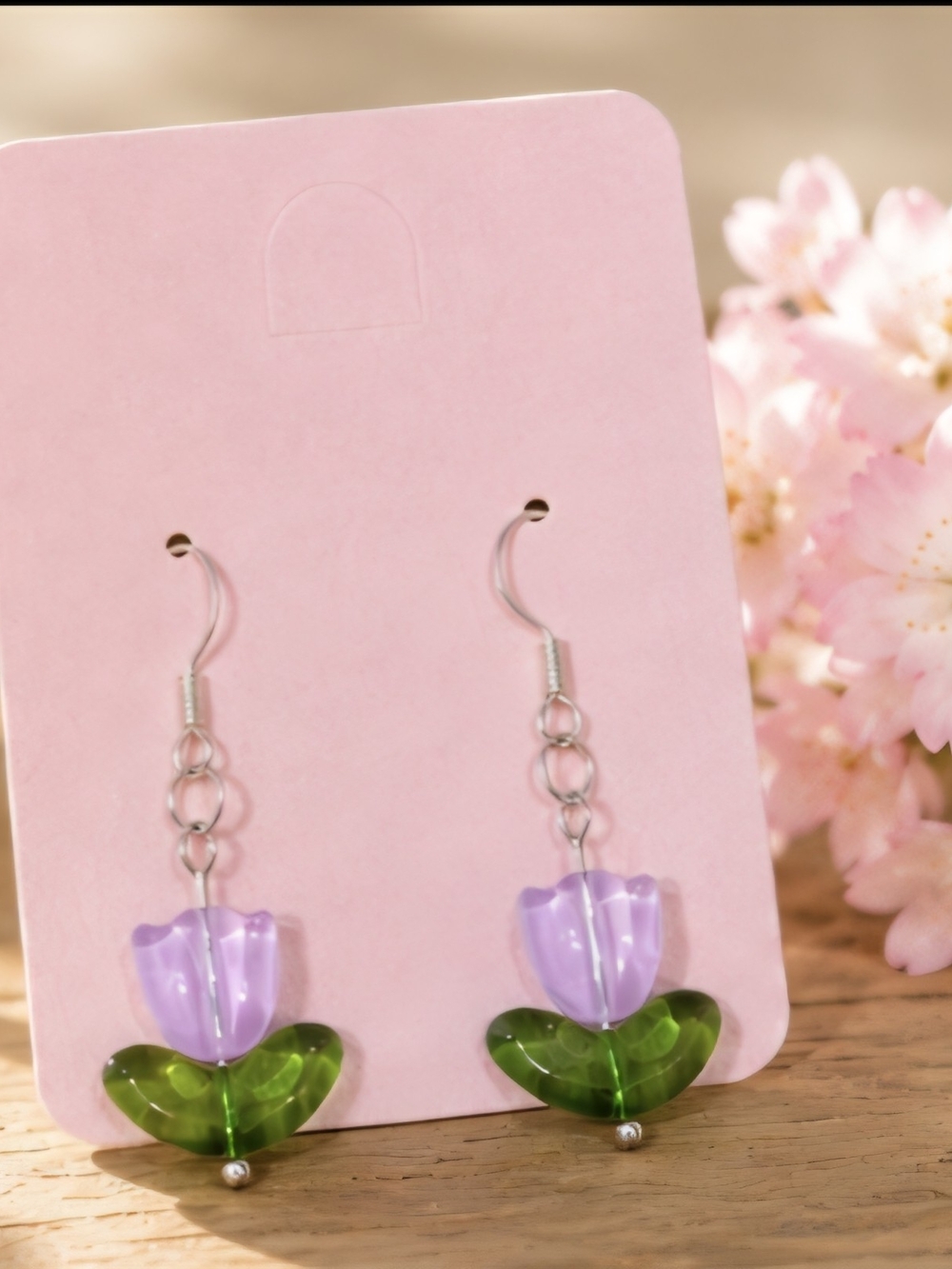 Purple Tulip Glass Drop Earrings with Green Leaves